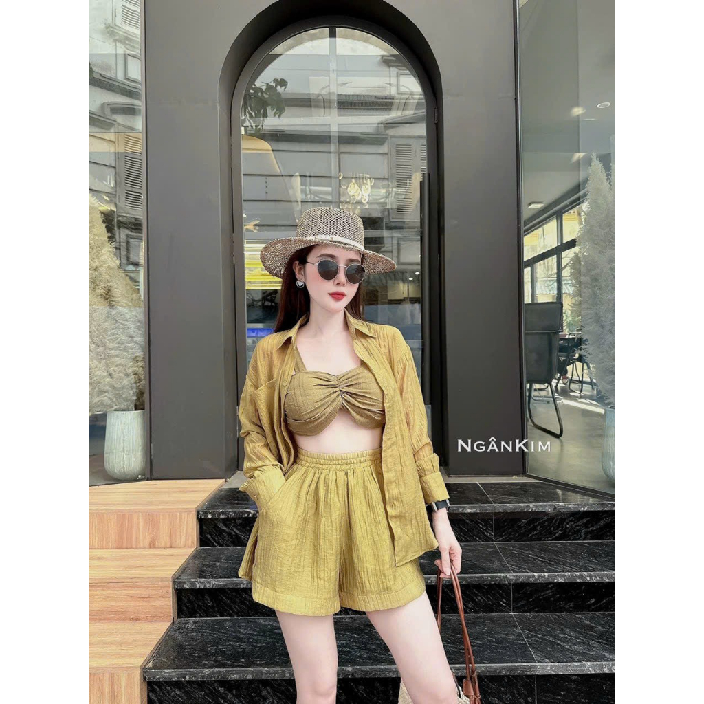 Set bộ blazer nữ mặc đi biển chất tơ xước áo lót bra hai dây cúp ngực mix quần đùi ống rộng lưng chun kèm áo khoác sơmi