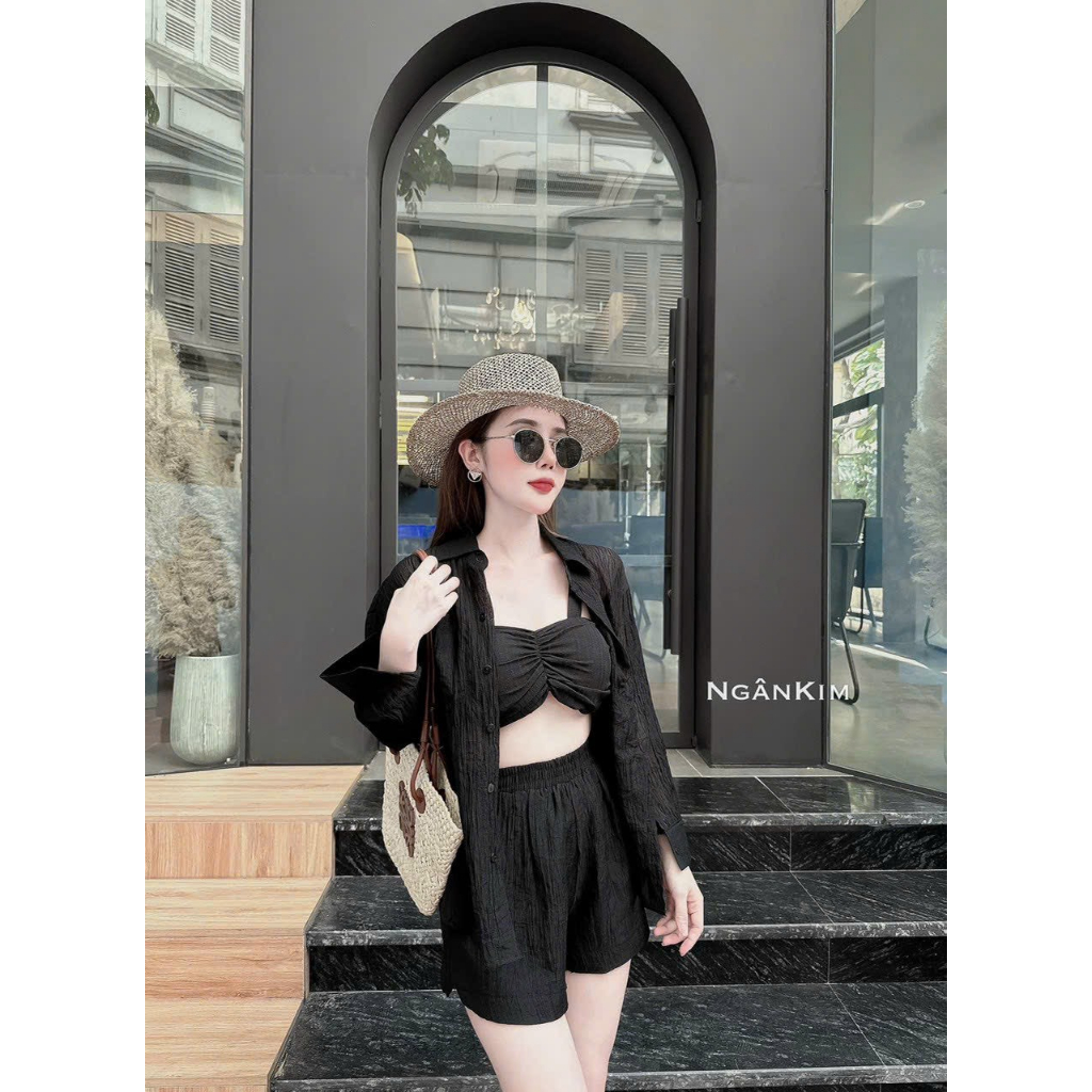 Set bộ blazer nữ mặc đi biển chất tơ xước áo lót bra hai dây cúp ngực mix quần đùi ống rộng lưng chun kèm áo khoác sơmi