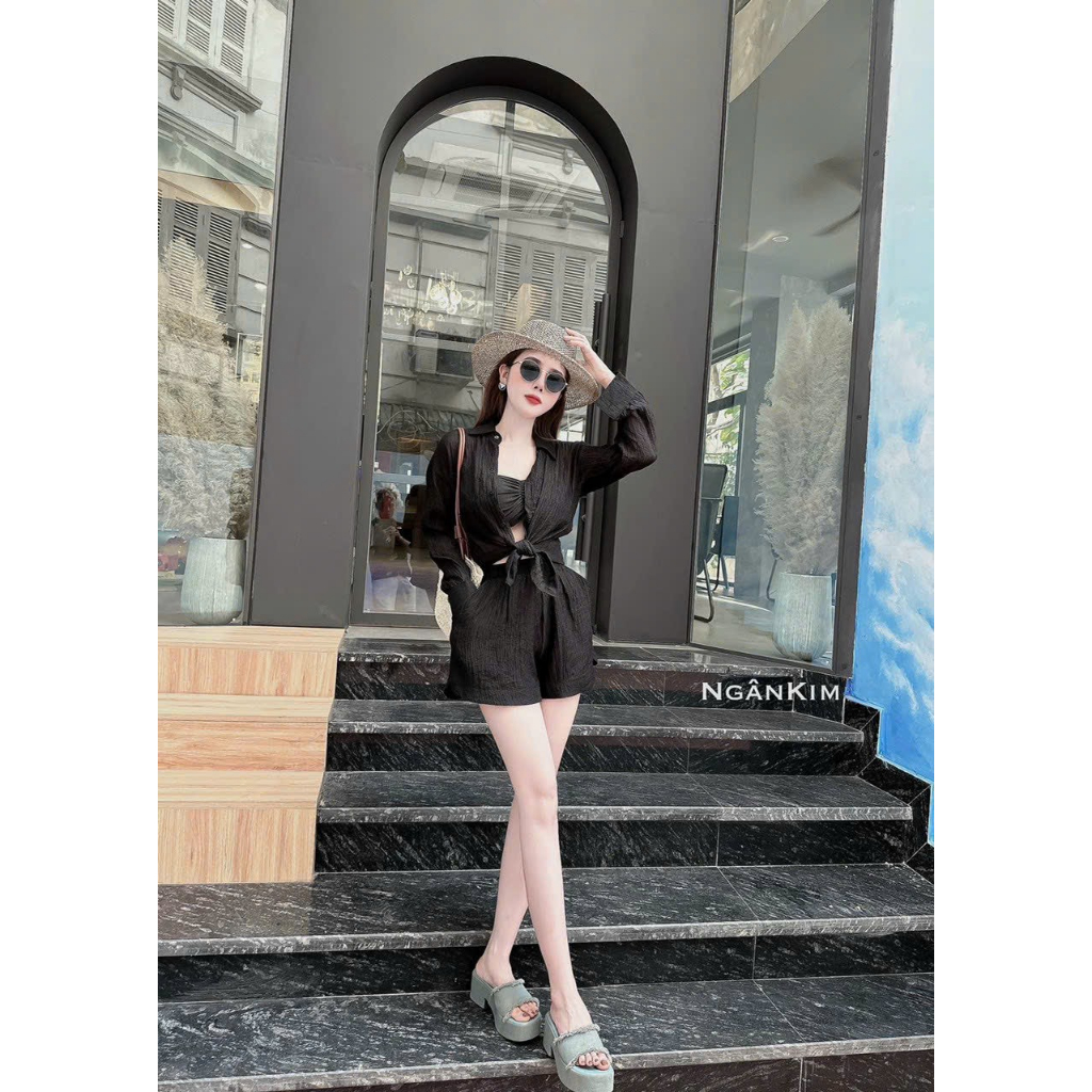 Set bộ blazer nữ mặc đi biển chất tơ xước áo lót bra hai dây cúp ngực mix quần đùi ống rộng lưng chun kèm áo khoác sơmi