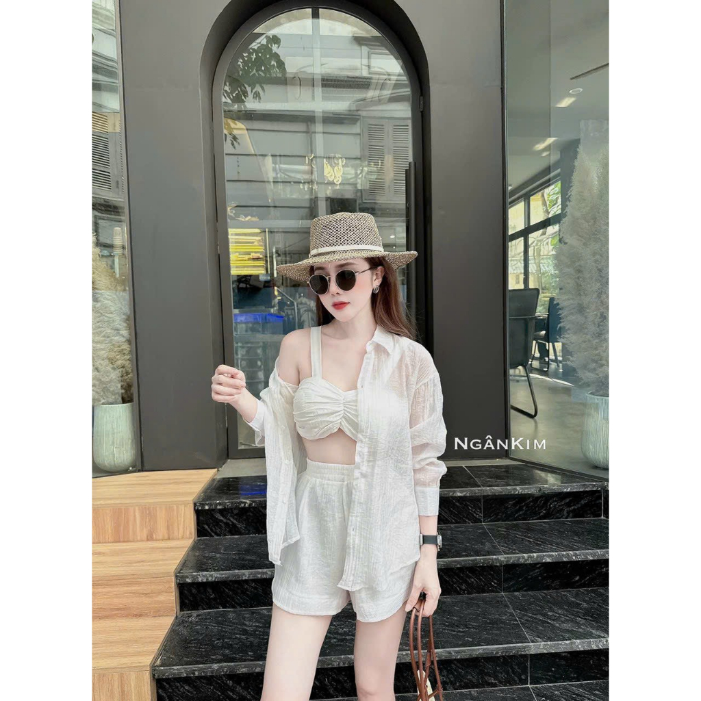 Set bộ blazer nữ mặc đi biển chất tơ xước áo lót bra hai dây cúp ngực mix quần đùi ống rộng lưng chun kèm áo khoác sơmi