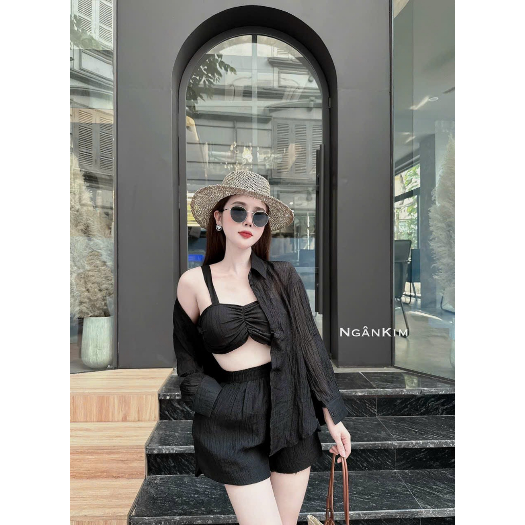 Set bộ blazer nữ mặc đi biển chất tơ xước áo lót bra hai dây cúp ngực mix quần đùi ống rộng lưng chun kèm áo khoác sơmi