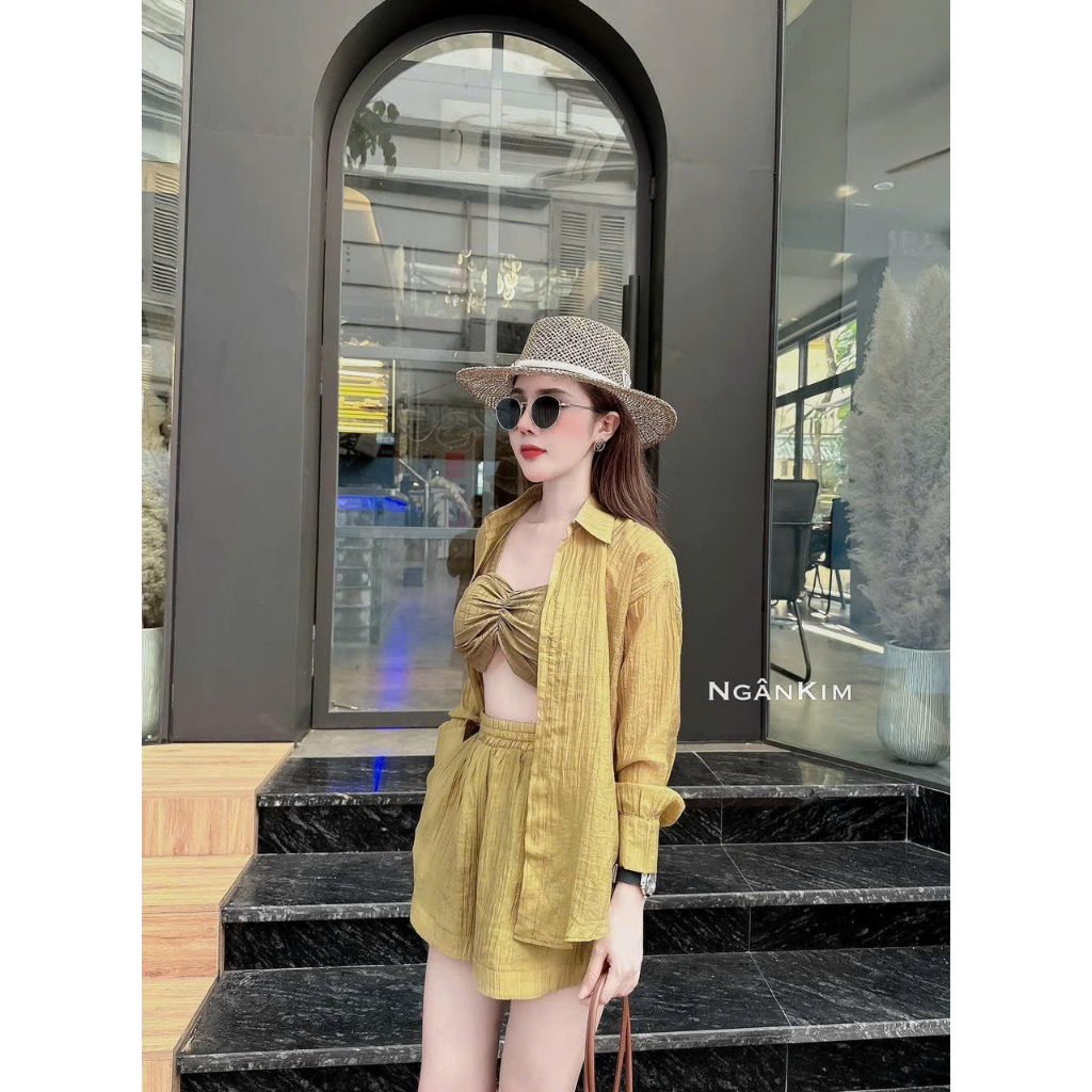 Set bộ blazer nữ mặc đi biển chất tơ xước áo lót bra hai dây cúp ngực mix quần đùi ống rộng lưng chun kèm áo khoác sơmi