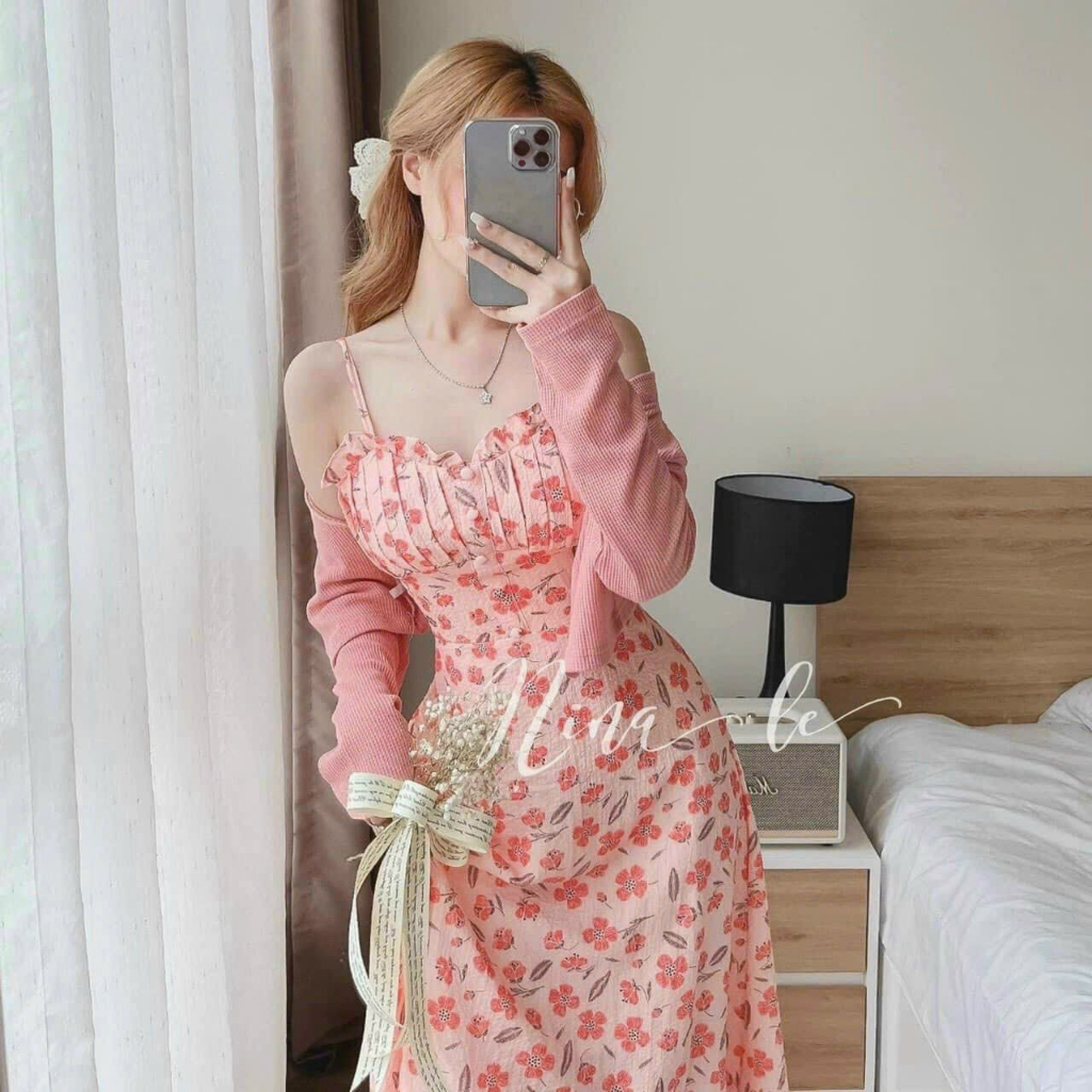 Đầm hoa nữ thời trang mặc đi chơi chất xốp hoa y mẫu hai dây xếp ly ngực có mút váy maxi xoè kèm áo khoác thun gân tay