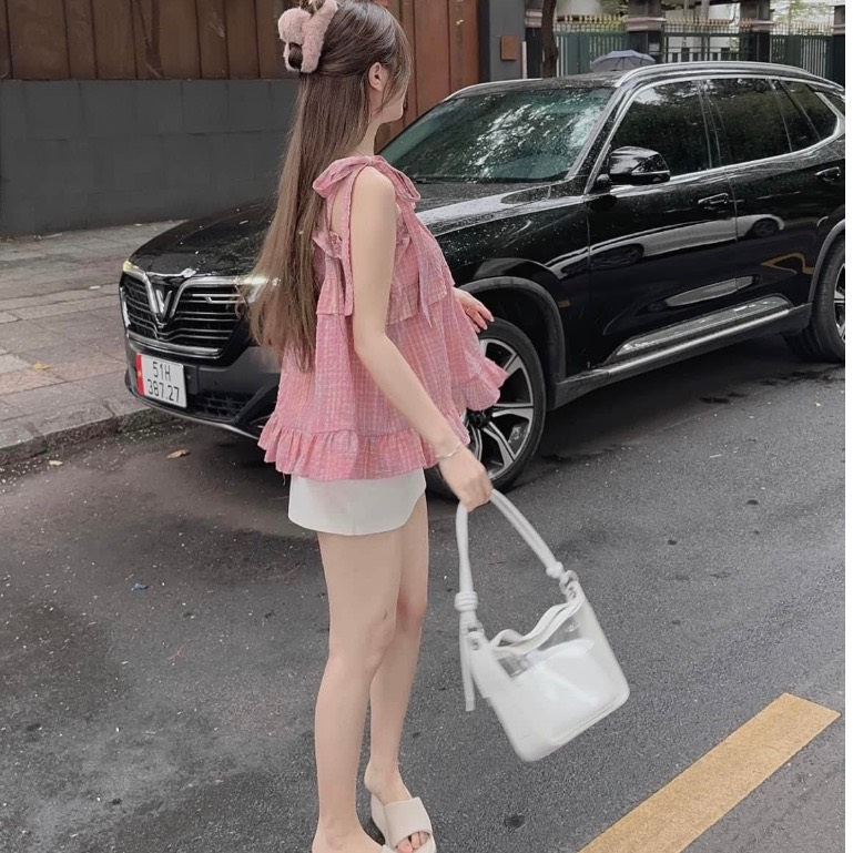 Áo 2 dây buộc nơ kẻ xốp hồng cute tiểu thư tôn da mùa hè dành cho nữ