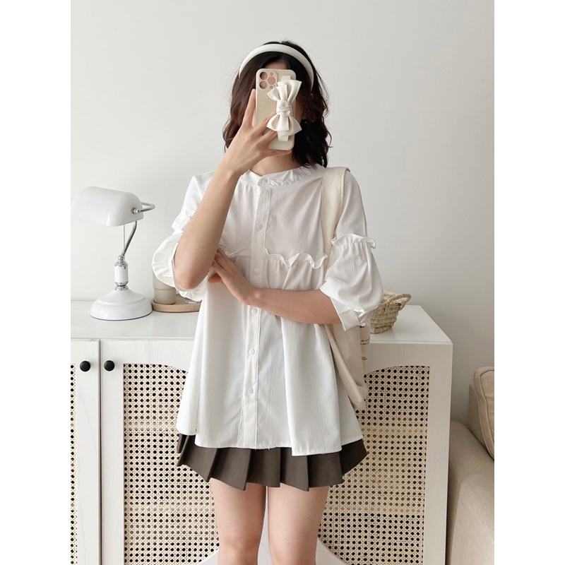 Áo kiểu nữ sơ mi CỔ TRỤ tay bồng form rộng chất ĐŨI XỐP ulzzang