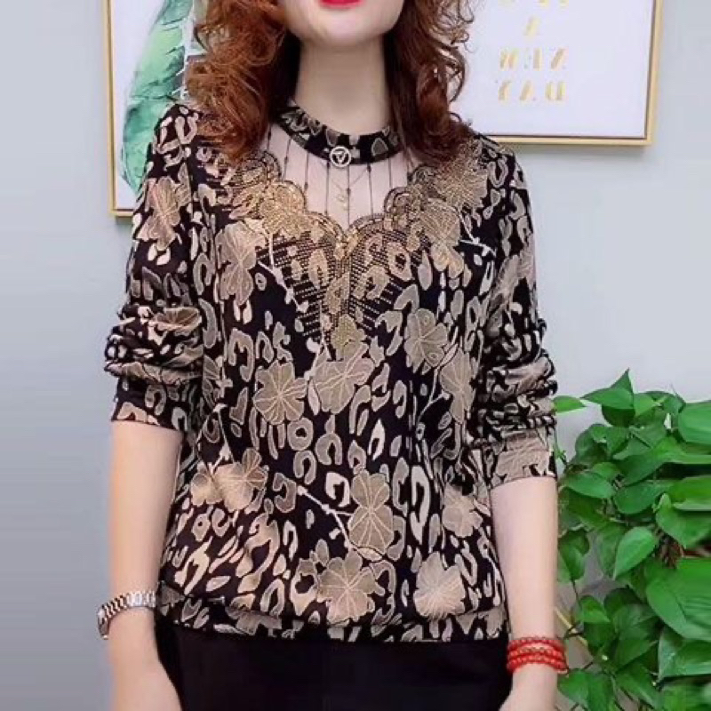 Áo thun Trung Niên Áo cổ phối Ren hàng quảng châu cao cấp