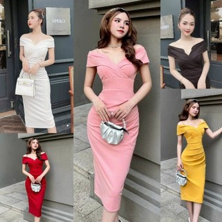 Đầm body trễ vai ko xẻ tà cao cấp-TKO TẶNG KÈM HOA TAI THỜI TRANG