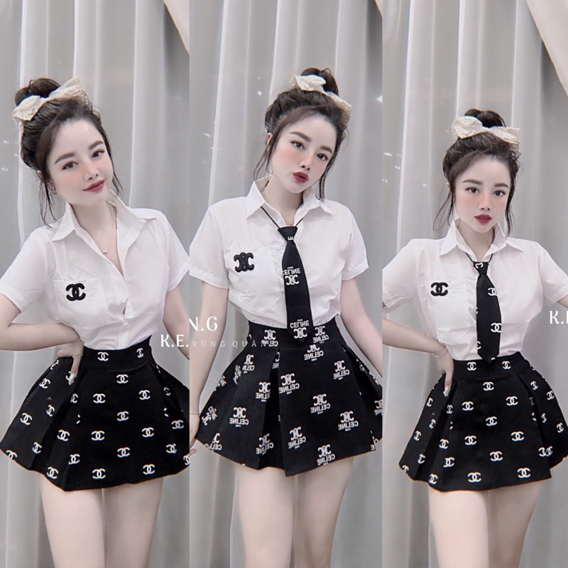 Set áo sơ mi nữ mix chân váy hoạ tiết kèm cà vạt xinh hach tuổi