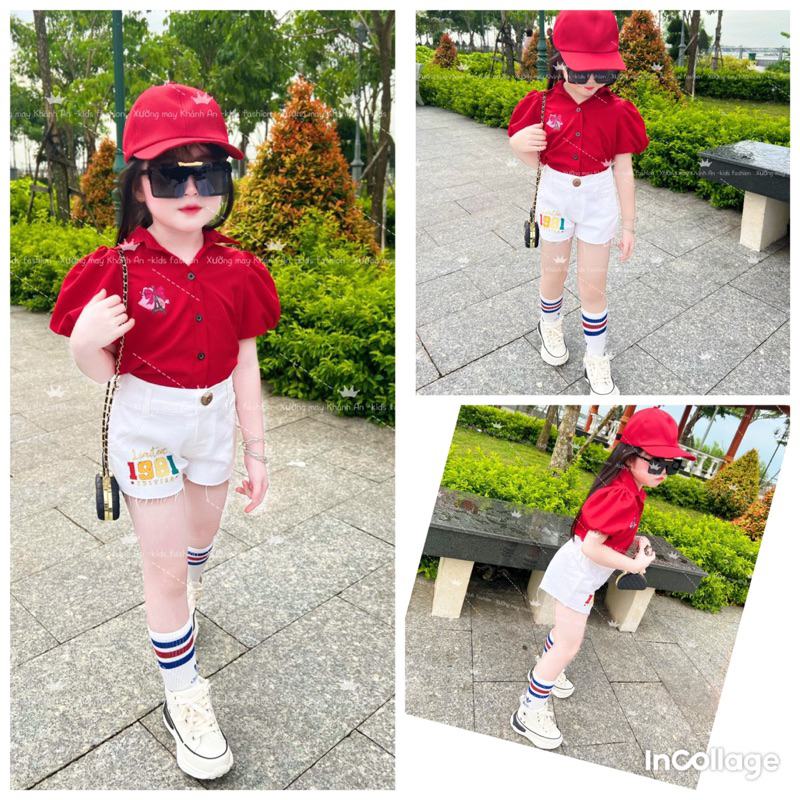 sét quần đùi jeans + áo sơ mi bé gái