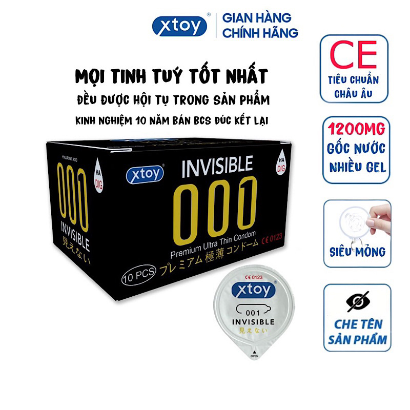 Bao cao su XTOY 001, siêu mỏng, nhiều gel, kéo dài thời gian, dưỡng chất Hyaluronic Acid làm se khít - Hộp 10 bcs