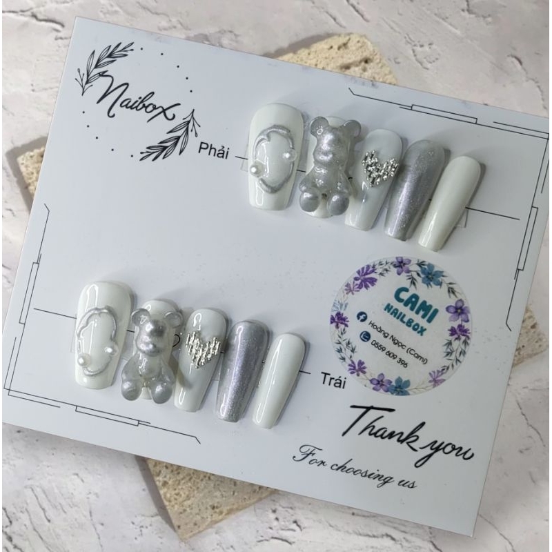 Móng tay giả, nailbox gắn gấu thang trắng xinh xắn