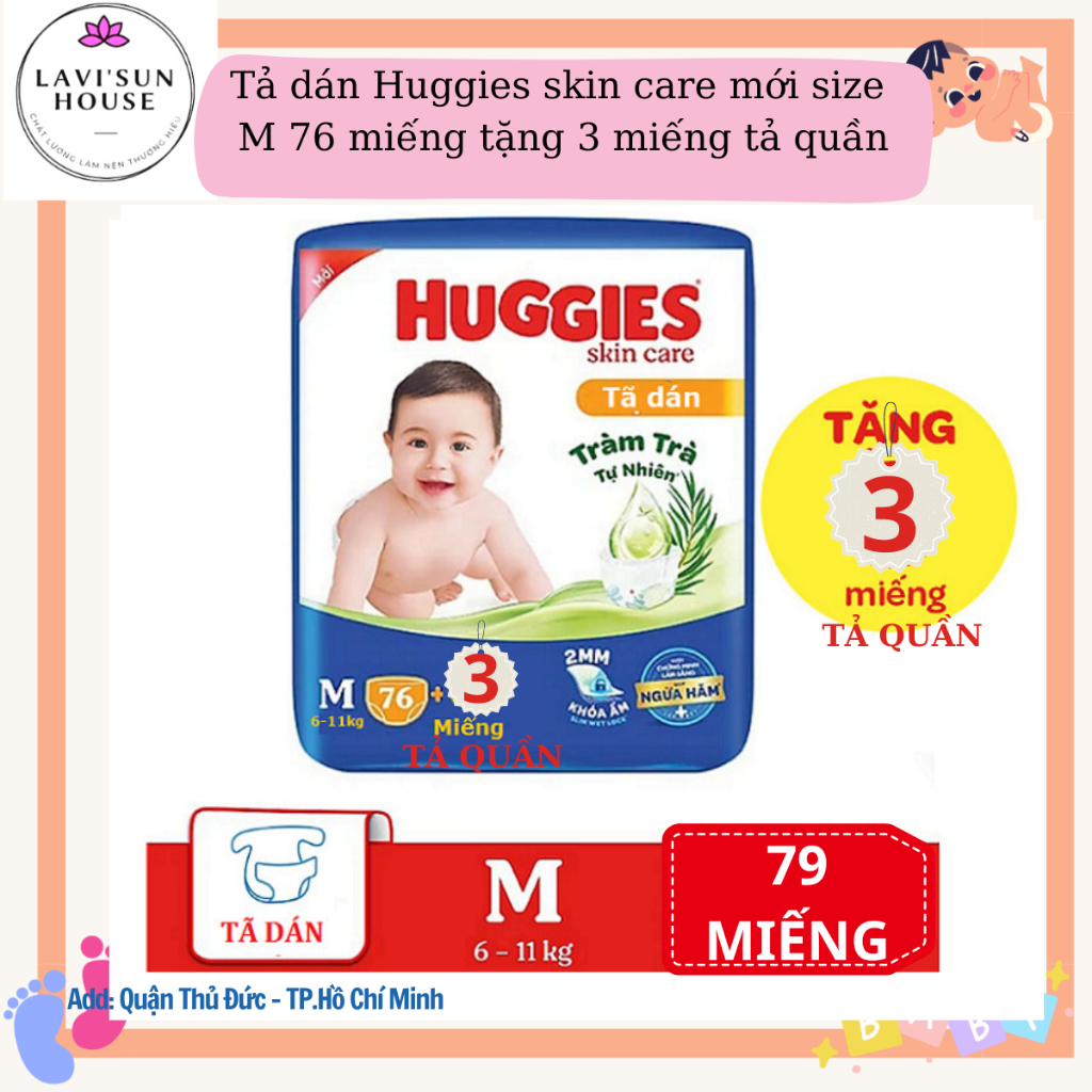 Tã bĩm dán Huggies size M76tặng thêm 3 miếng tả quần cho bé 6