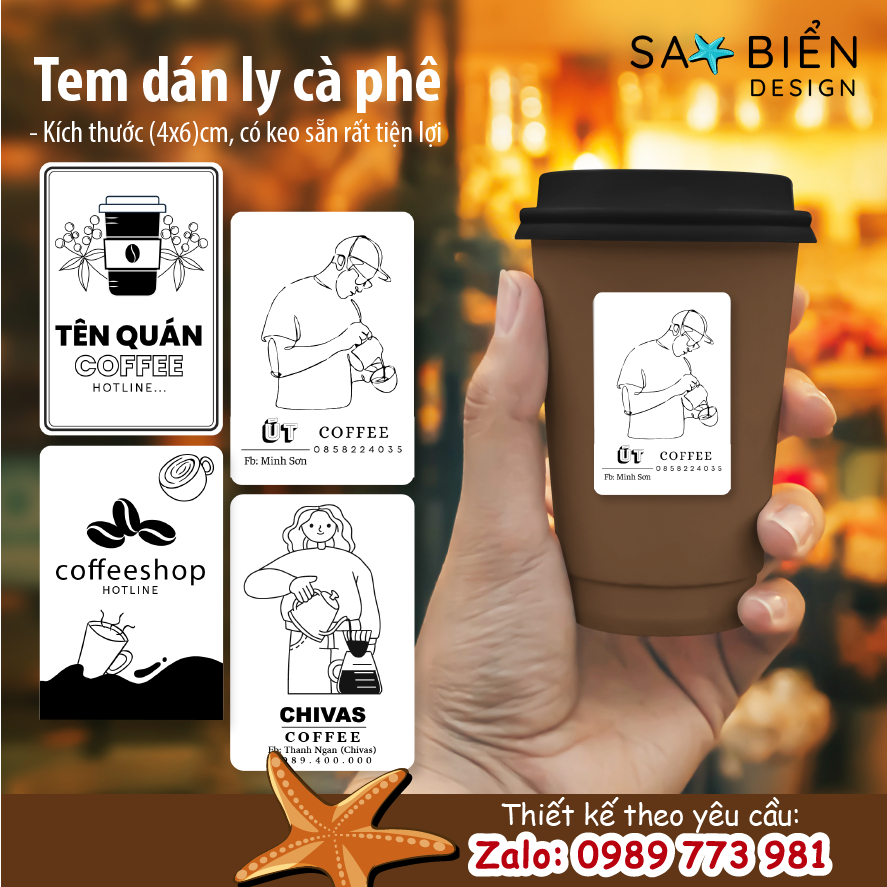 Combo 50/100/200 tem nhãn dán LY CÀ PHÊ, sticker dán ly, chai. Kích thước 4x6cm. Sao biển design, sao biển