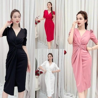 Đầm body tay phồng xoắn eo cao cấp-TKO TẶNG KÈM HOA TAI THỜI TRANG