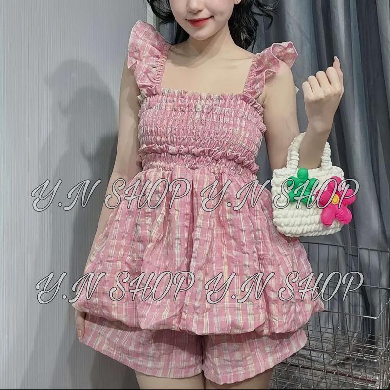 B43 Set Babydoll Kẻ Sọc Hồng Áo Bí Bo Chun Kèm Quần Short Siêu Dễ Thương