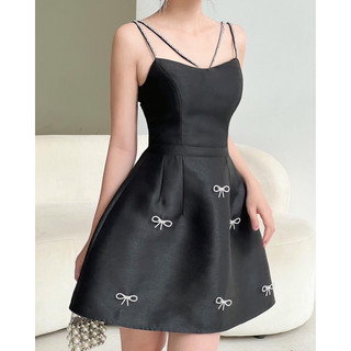Đầm dự tiệc dây đá đính nơ tafta vân đá