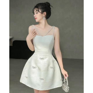 Đầm dự tiệc dây đá đính nơ tafta vân đá