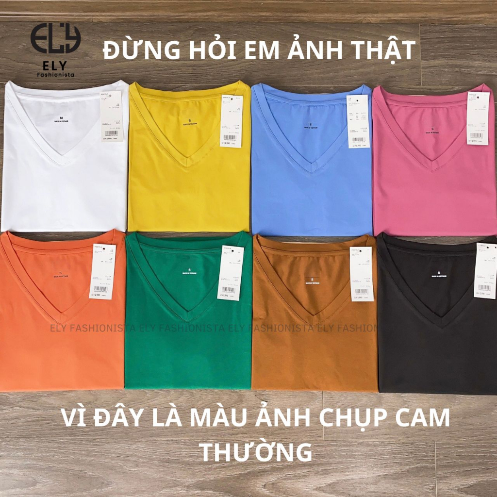 Áo phông nữ ELY trơn cổ tim ngắn tay dáng suông cotton basic đẹp trắng cao cấp, áo  thun nữ cổ V cộc tay đen ELY205