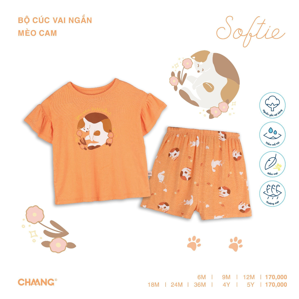 Bộ Cúc Vai Ngắn Mèo Cho Bé Gái CHAANG AW23D8