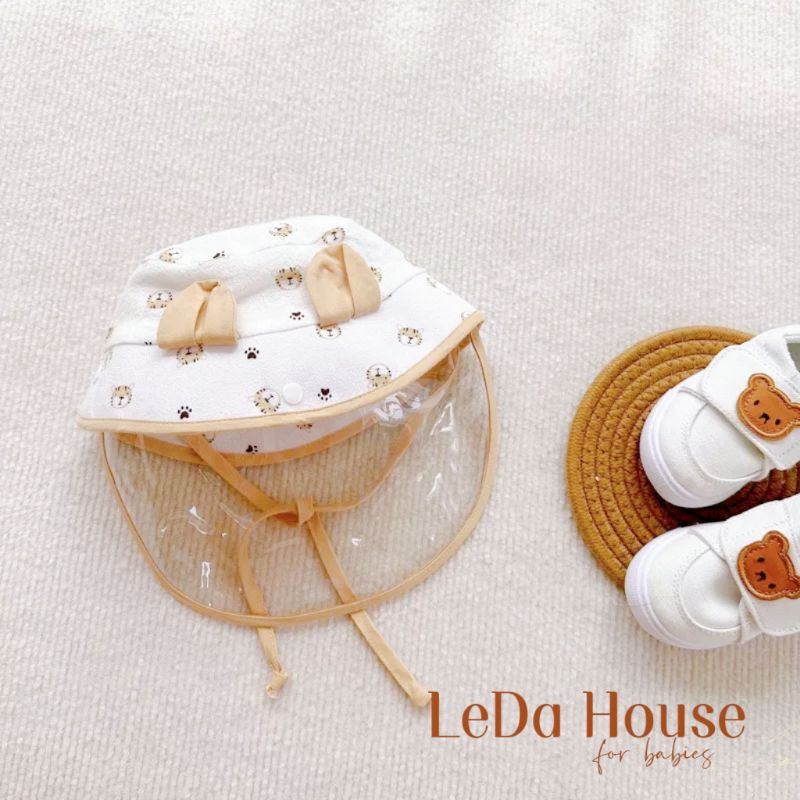 Mũ nón bucket cho bé sơ sinh vành tròn tai gấu dây cột (tặng kính chắn giọt bắn)