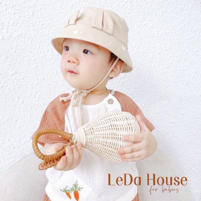 Mũ nón bucket cho bé sơ sinh vành tròn tai gấu dây cột (tặng kính chắn giọt bắn)