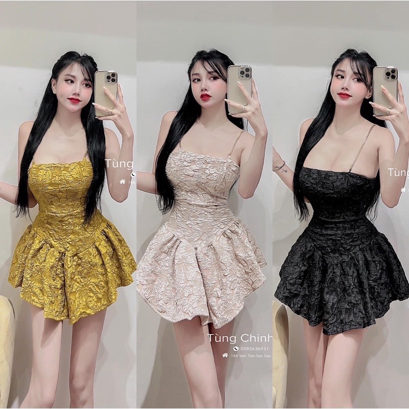 Đầm Dây Xích Dáng Xoè Đuôi Cá Chất Xốp Gấm