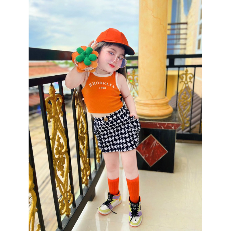 Set Áo Cam Chân Váy Kèm Mũ Cho Bé Gái Siêu Xinh