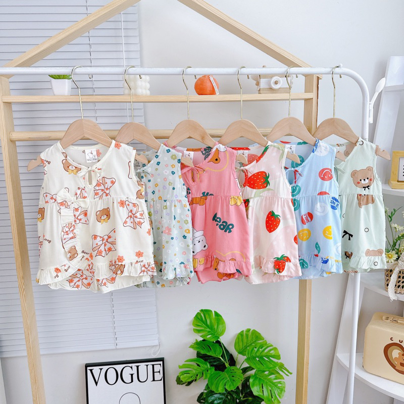 NT176 Bộ lanh sát nách cánh dáng baby doll lai bèo, quần nhún cho bé gái, bộ tôn tole ba lỗ