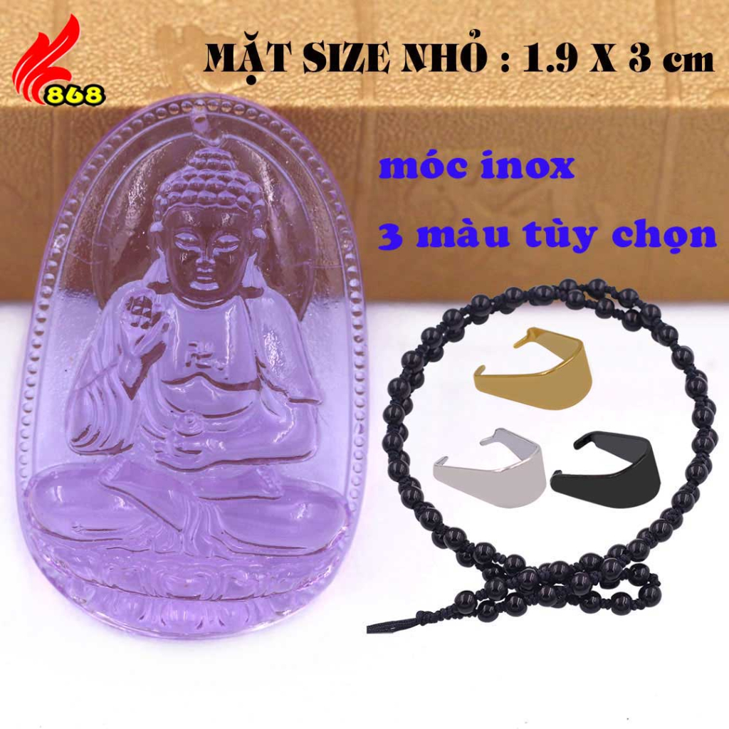 Mặt Phật A di đà pha lê tím kèm vòng cổ hạt chuỗi đá đen + móc inox - Phật bản mệnh, mặt dây chuyền