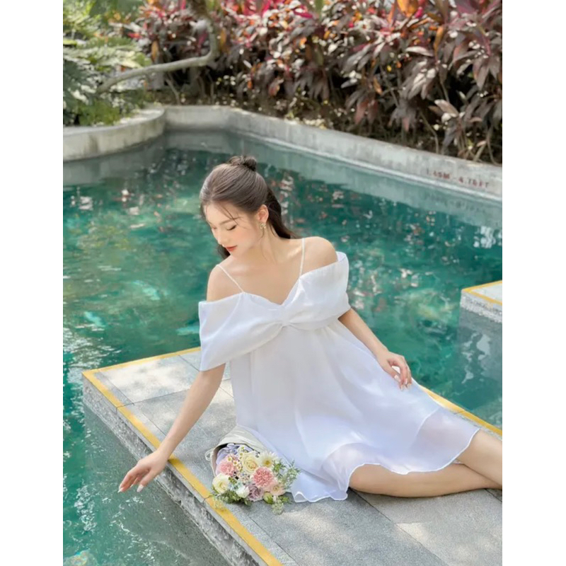 Đầm dự tiệc trễ vai thiết kế nơ to tay rũ - Váy tơ mềm rớt vai 2 lớp có lót trong Hana Dress