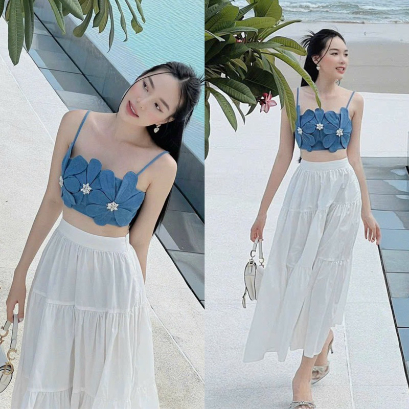 BIGSIZETIX Set áo 2 dây denim hoa đính đá kèm chân váy dài trắng xinh xắn 50-90kg