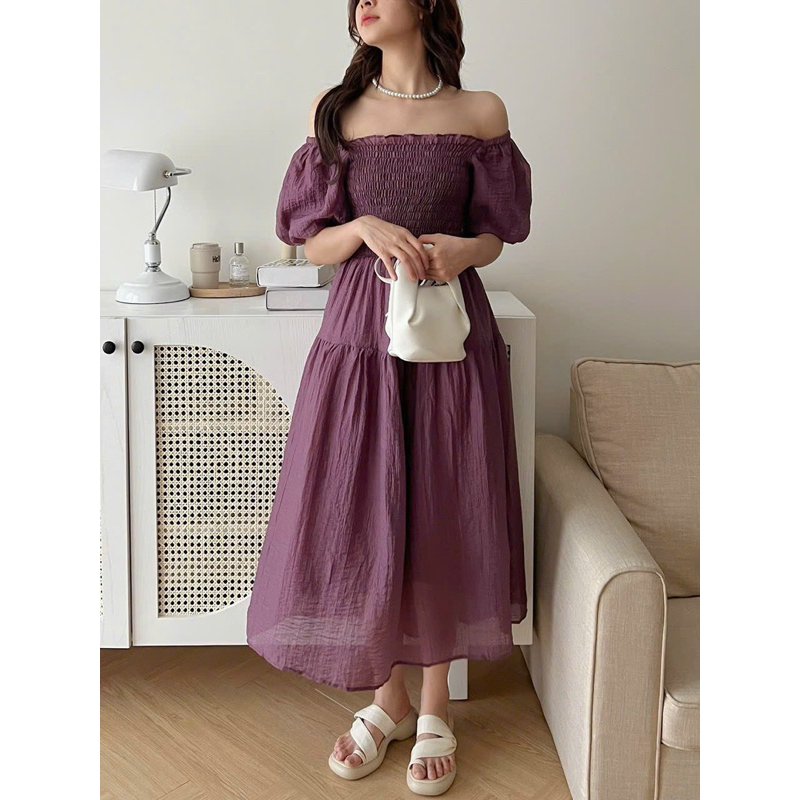 VÁY/ĐẦM TƠ DÁNG MIDI TAY BỒNG CHUN NGỰC C.M tiểu thư