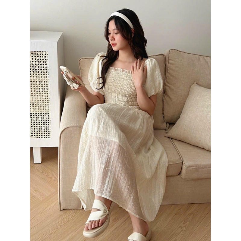 VÁY/ĐẦM TƠ DÁNG MIDI TAY BỒNG CHUN NGỰC C.M tiểu thư