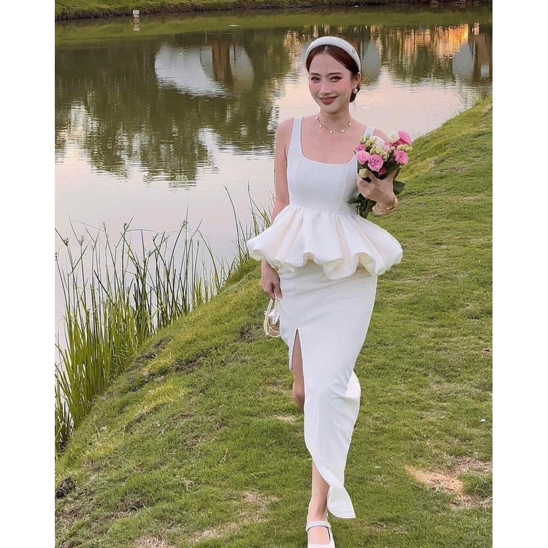 Set áo bí chân váy midi