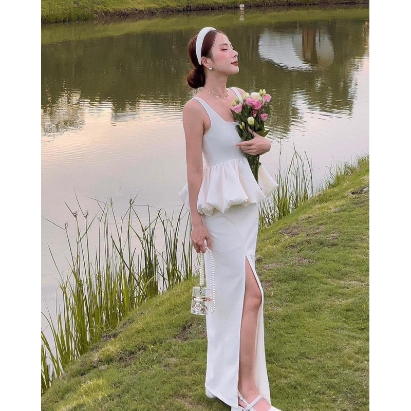 Set áo bí chân váy midi