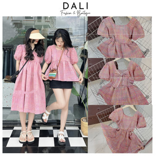 Set Áo Váy Babydoll Bèo Kẻ Hồng Chất Liệu Đũi Mềm, Set Đồ Đôi Bạn Thân