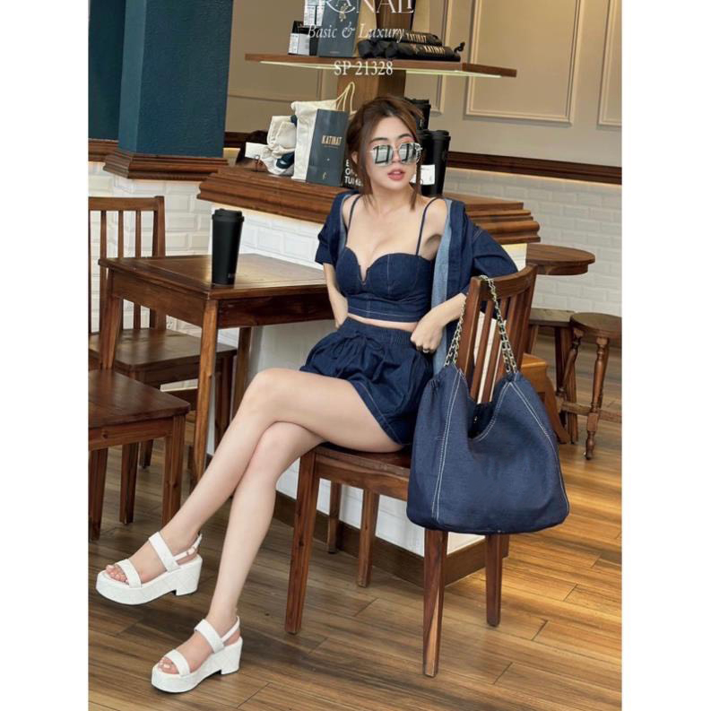 Bigsize Set jeans ba món áo dây cúp ngực có mút 55-95kg
