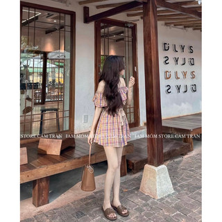 Jumsuit caro trễ vai bèo rút eo