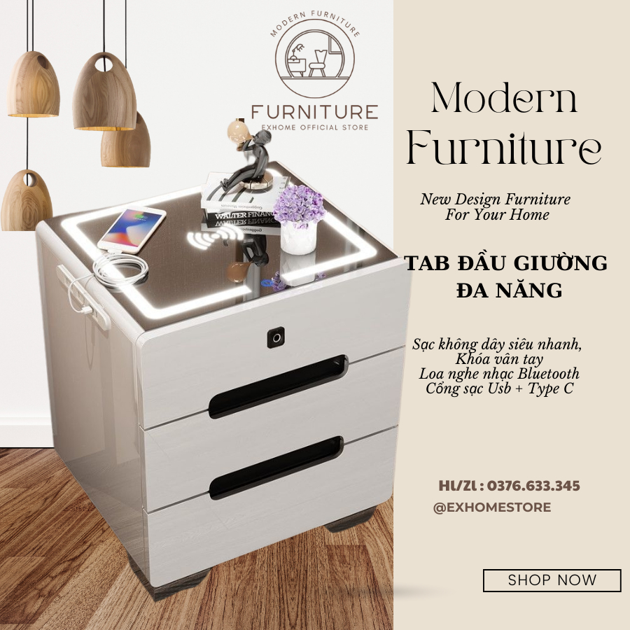 Tab Tủ Kệ đầu giường 3 ngăn khoá vân tay thông minh, Loa Bluetooth - Giá kệ để đồ tích hợp sạc không dây ,đèn led 3 màu