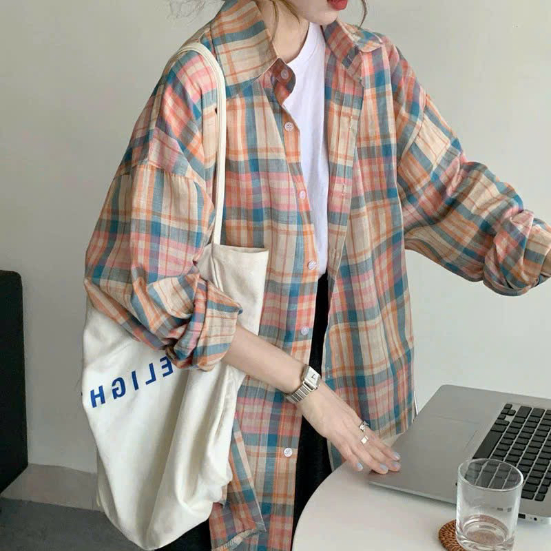LOVI SHOP- Áo sơ mi caro cánh dơi form rộng Hồng Xanh