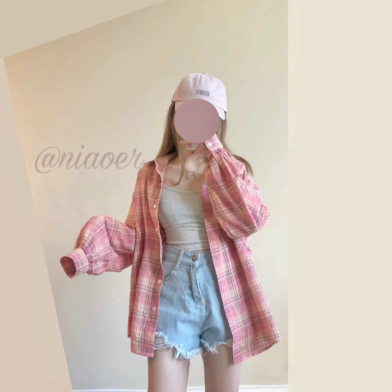 LOVI SHOP- Áo sơ mi caro cánh dơi form rộng Hồng Xanh