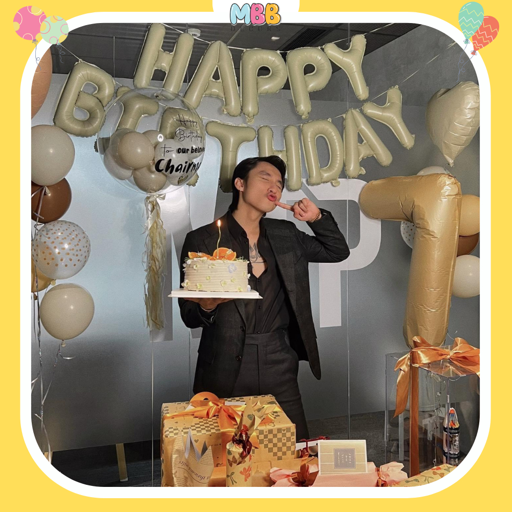 Bong Bóng Ngôi Sao Trái Tim Màu Nâu Caramel & Trắng Sữa Size 45cm Trang Trí Sinh Nhật, Đám Cưới