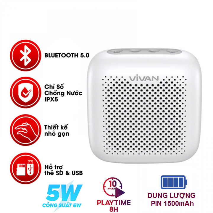 Loa Bluetooth 5.0 Mini VIVAN VS1 Công Suất 5W Chống Nước IPX5 1800mAh PLAYTIME ĐẾN 10 GIỜ 3 Cách Phát Nhạc CHÍNH HÃNG