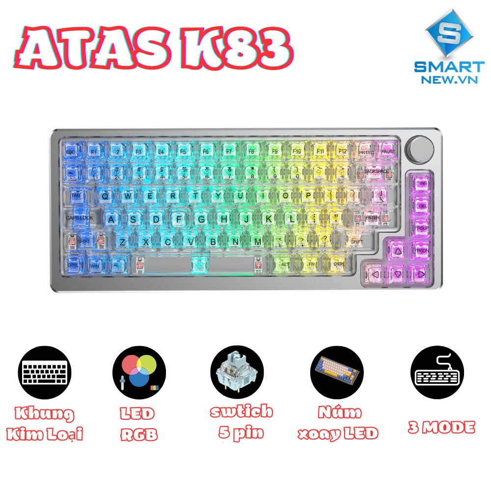 Bàn phím cơ không dây ATAS K83 - Trục cơ CRYSTAL AXIS - Phím trong suốt - Khung nhôm - LED RGB - Layout 83%