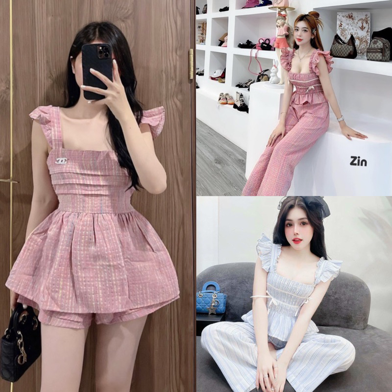Sét áo cổ vuông tay bồng mix chân váy hồng (kèm ảnh thật)