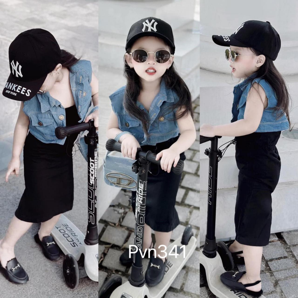 Váy body kèm áo khoác jean cho bé gái, váy chất thun cúp ngực, vải mát cho bé, áo khoác ghi lê, sét váy cho bé từ 8-26kg