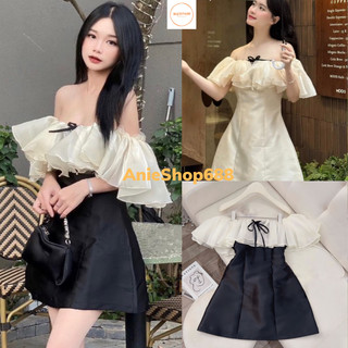Váy trễ vai dự tiệc dáng chữ A,2lớp có mút ngực, đầm công chúa viền bèo siêu xinh phong cách hàn quốc ANIESHOP688