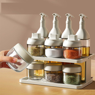 Bộ Hũ Gia Vị Chai Đựng Gia Vị Thủy Tinh Kèm Kệ Decor Thông Minh Nắp Kín