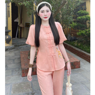 Bộ cách tân tay phồng thêu hạc hàng cc