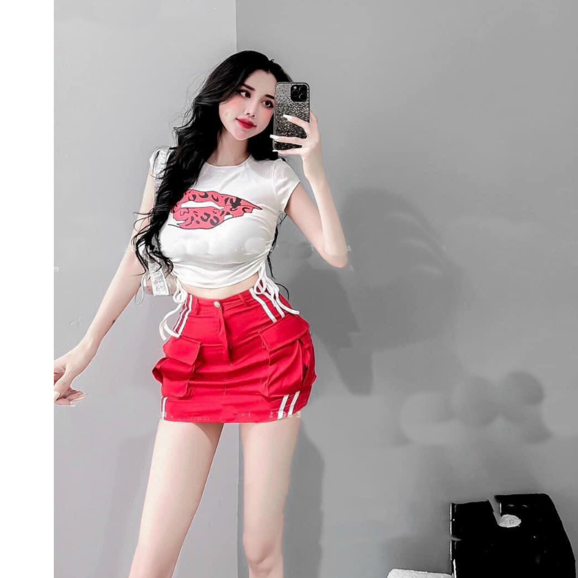 [CRTYK948]ÁO CROPTOP KIỂU LỬNG NỮ CỔ TRÒN NGẮN TAY IN ĐÔI MÔI MÀU TRẮNG PHỐI DÂY RÚT HÔNG SIÊU HOT